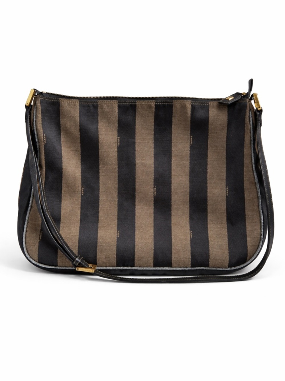 Fendi Black Brown Pequin Canvas Shoulder Bag
